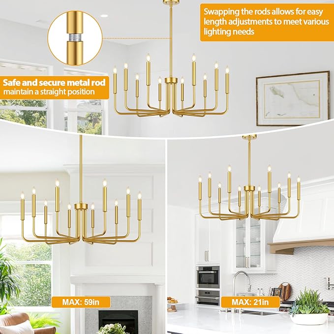 Lynnoland Gold 10-Light Farmhouse Chandelier for Dining Room Lighting Fixtures Hanging, Vintage Candle Pendant Light Fixtures Chandelier for Bedroom, Foyer and Living Room