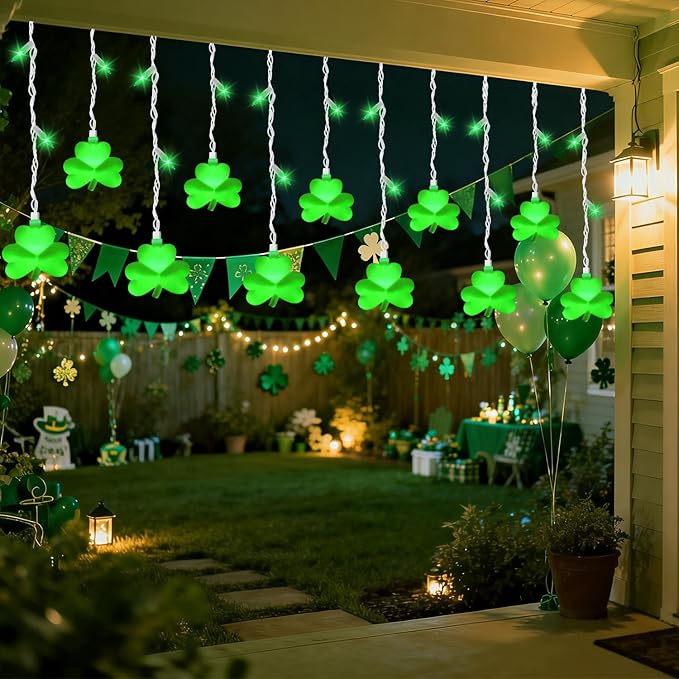 25 LED Green Shamrock Icicle Lights, 6.75FT St. Patricks Day Lights Curtain String Lights with 10 Shamrock & 25 LED Light for Lucky Clover St Patrick's Decorations Indoor Home Window Proch Party Decor