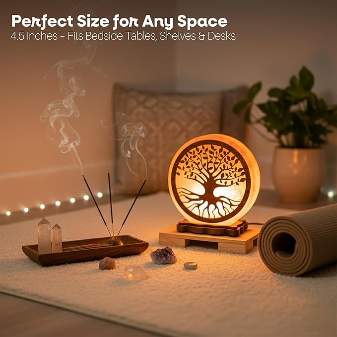 Himalayan Salt Lamp with Tree of Life Design – 4.5 Inch Hand-Carved, Wooden Base, for Home Décor, Meditation & Gifts