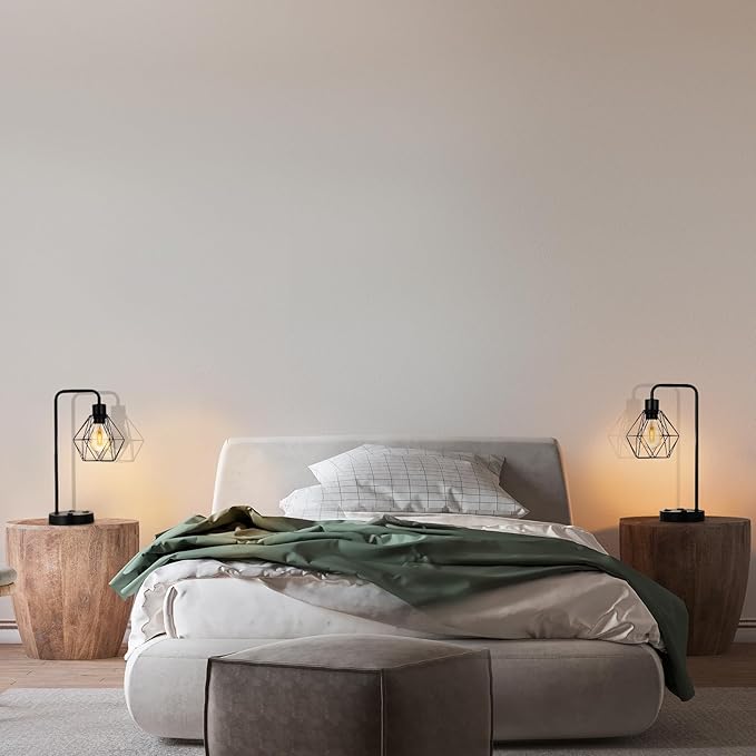 BTY Industrial Table Lamps Set of 2 Vintage Desk Lamp Metal Cage Nightstand Bedside Lamp with Dual USB Charging Ports and AC Outlet for Bedroom Living Room Office (Black)