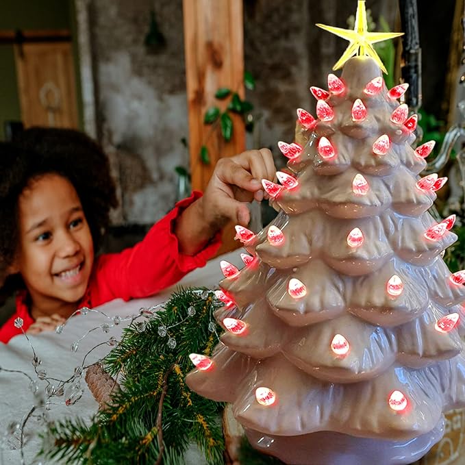 Ceramic Christmas Tree Replacement Lights Bulbs, Red Medium Twist Plastics Pegs Ornaments for Ceramic Tree(87 Bulbs＆ 3 Topper Star)