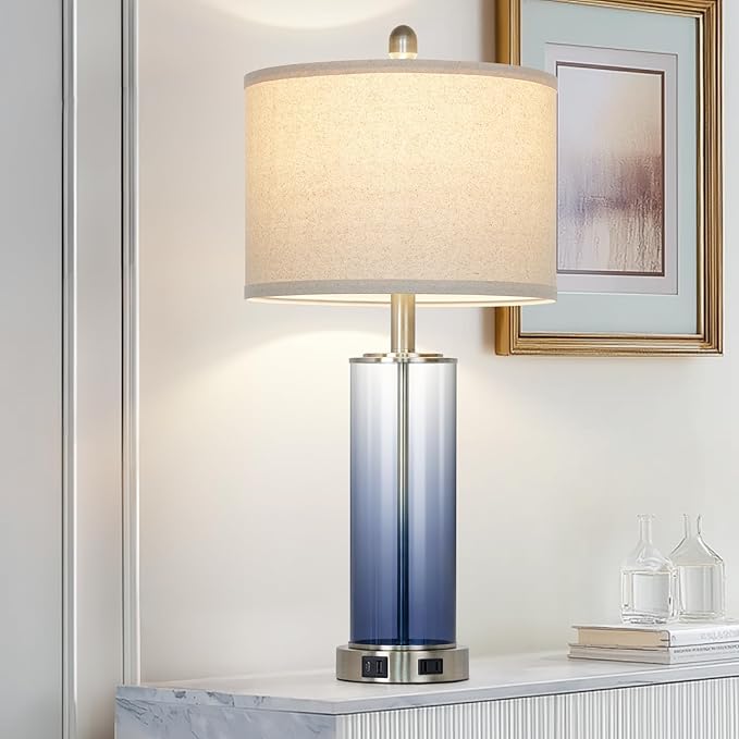 26" Glass Table Lamp Single, 3-Way Dimmable Touch Control Living Room Lamp with USB C+A Ports & AC Outlet, Coastal Bedside Lamps, Bedroom Lamps for Nightstand Side End Table Desk, Blue-1PK