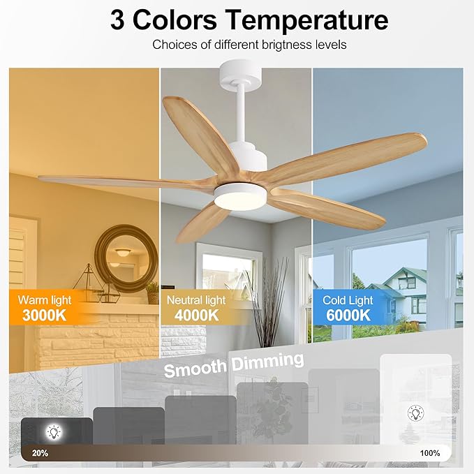 WINGBO 54" Ceiling Fan with Light - 5 Carved Solid Wood Blades, 6-Speed Reversible DC Motor, Dimmable, 3CCT, Noiseless Remote Control Ceiling Fans with Lights for Bedroom Living Room, White and Oak