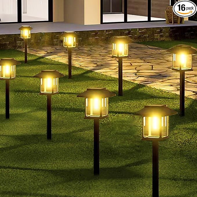 16-Pack Solar Lights Outdoor (Extra-Bright & Smart Auto On/Off), Solar Powered Garden Lights, Waterproof Solar Pathway Lights for Landscape, Path, Yard, Patio, Driveway, Walkway Decor (Warm White)