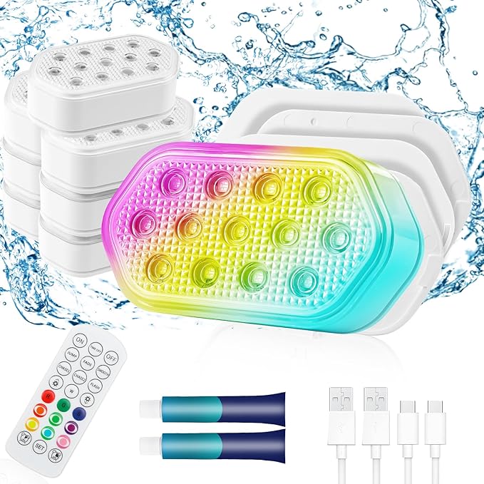 Pool Lights, Rechargeable Submersible LED Lights, Pool Lights for Inground Pool, IP68 Waterproof Lights 16 Color Chase Mode Underwater Light with Rechargeable Remote-8 Pack