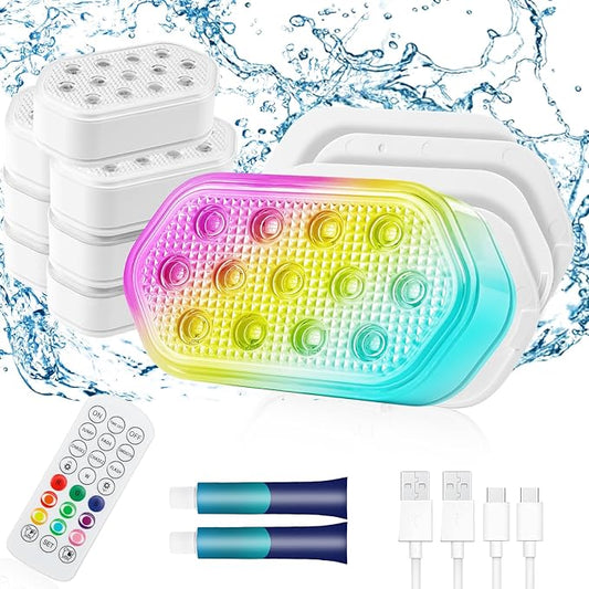 Pool Lights, Rechargeable Submersible LED Lights, Pool Lights for Inground Pool, IP68 Waterproof Lights 16 Color Chase Mode Underwater Light with Rechargeable Remote-8 Pack