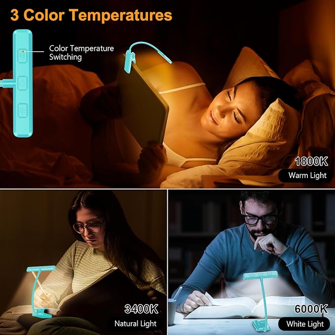 Gritin 19 LED Rechargeable Book Light for Reading in Bed with Memory Function- Eye Caring 3 Color Temperatures,Stepless Dimming Brightness,90 Hrs Runtime Clip on Light for Book Lovers-Blue