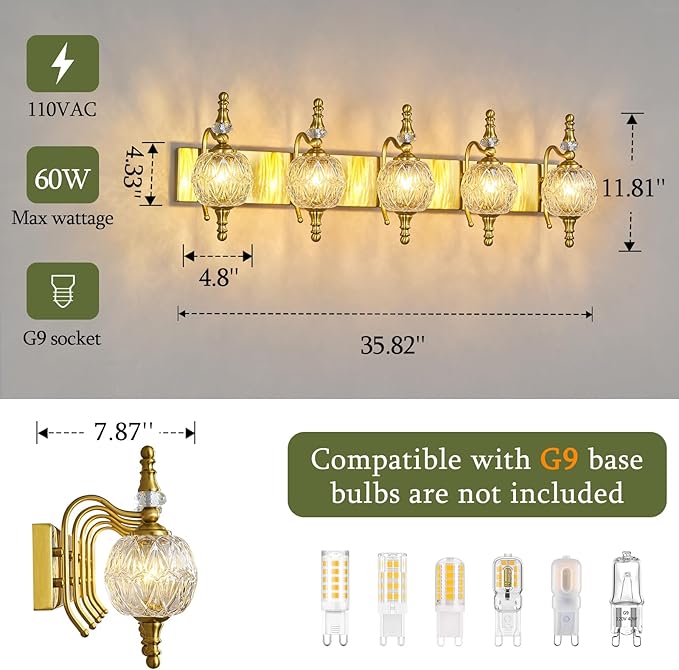 Modern Crystal Bathroom Vanity Lights Fixtures Over Mirror Gold Vintage 5-Lights 36 Inch Bathroom Light Fixtures Glass Crystal Vanity Lights