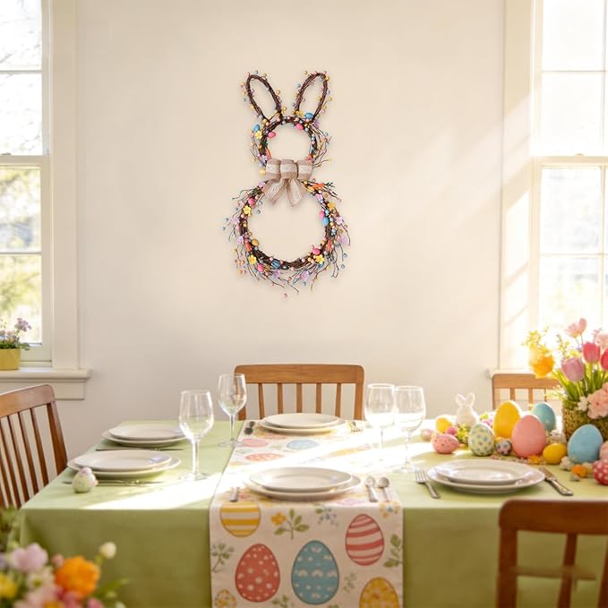 Idyllic 24 Inch Bunny Shaped Easter Wreath with Foldable Base Easter Eggs Daisies and Bow Decor for Front Door Window Living Room Fireplace Holiday Decoration