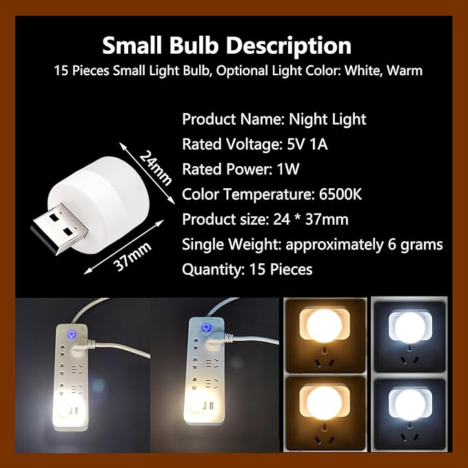 15 Pieces Mini USB Night Light, LED Light, Energy Saving LED, USB Laptop Light Bulb Night Lamp (Suitable Adapter 5V 1A) (White Light)