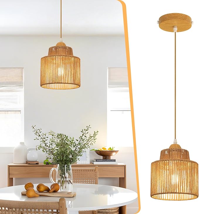 Boho Rattan Pendant Light Kitchen Island,Farmhouse Chandeliers Adjustable Height Hanging lamp for Dining Room,Kitchen Ceiling Lights Fixtures with Round Woven Wicker Lampshade Lighting
