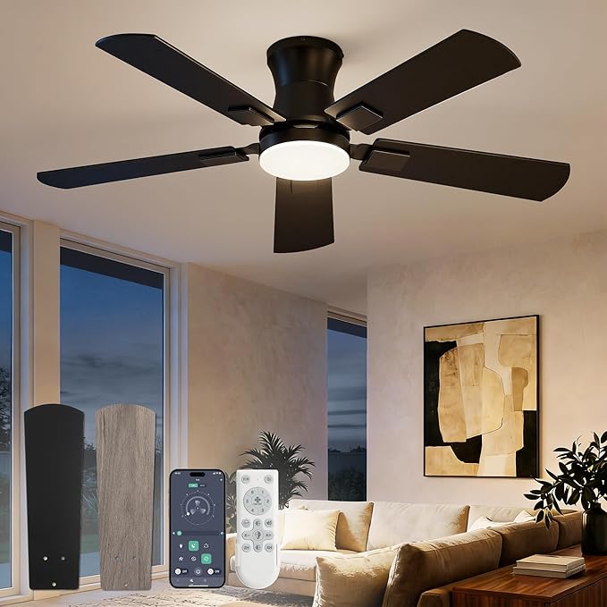 Fanbulous 42 inch ceiling fan with light, Low Profile Ceiling Fan with Light, App&Remote Control, Dimmable LED Light, Flush Mount Ceiling Fan for Indoor Bedroom Living Room, Qiuet DC Motor