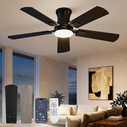 Fanbulous 42 inch ceiling fan with light, Low Profile Ceiling Fan with Light, App&Remote Control, Dimmable LED Light, Flush Mount Ceiling Fan for Indoor Bedroom Living Room, Qiuet DC Motor
