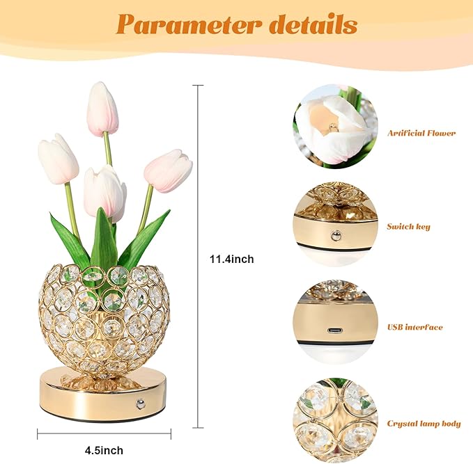 Tulip Crystal Flower Lamp Touch Lamp,Rechargeable Cordless Table Lamp, 3-Colour Infinitely Dimming Battery Powered Small Night Light,Gift for Mom for Valentine Day,Mothers Day,Xmas,Birthday (Pink)