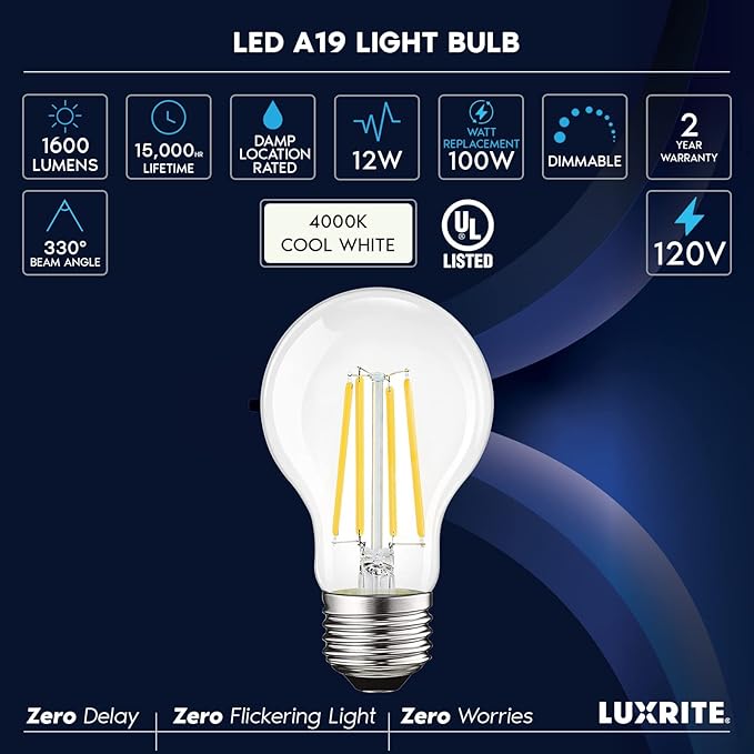 LUXRITE Vintage A19 LED Light Bulbs 100 Watt Equivalent, 1600 Lumens, 4000K Cool White, Dimmable Edison Light Bulbs, 12W, Damp Rated, UL Listed, Clear Glass Filament Bulb, E26 Medium Base (4 Pack)