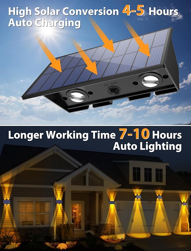 Solar Fence Lights,16Pack Solar Lights Outdoor Warm White Up & Down Solar Wall Lights Waterproof 100 Lumens Dusk to Dawn Solar Powered Fence Light for Outside /Backyard/Pool/Railing/Patio/Porch/Step