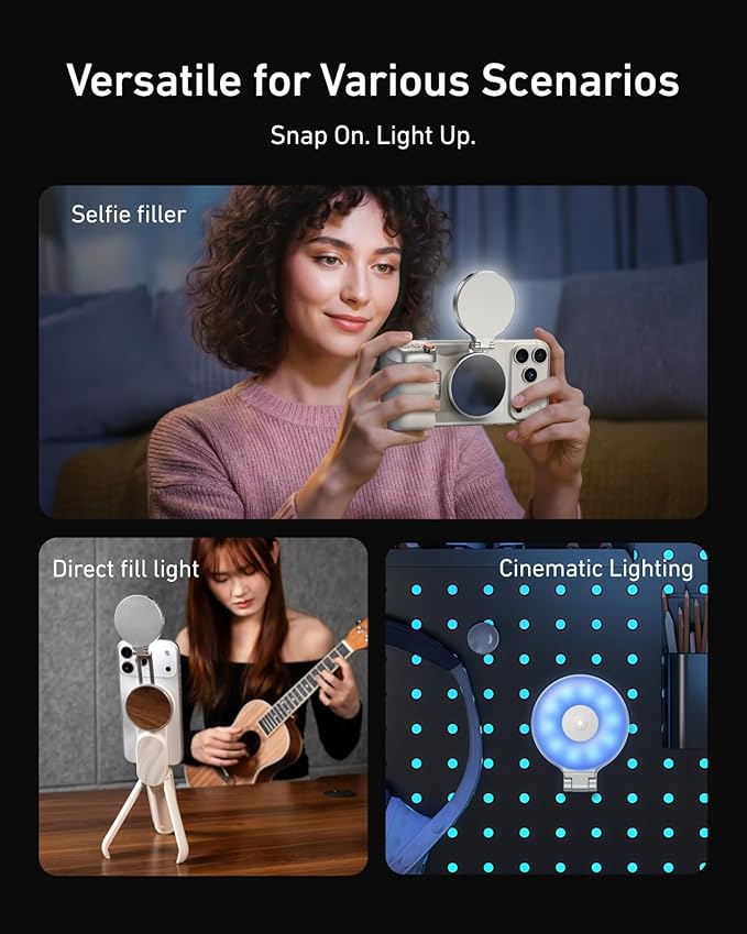 TELESIN Upgraded 4-in-1 Magnetic RGB Selfie Ring Light with Mirror & Phone Stand, Rechargeable Portable Clip On Fill Light for iPhone Samsung TikTok, Vlogging, Makeup, Photography, Streaming