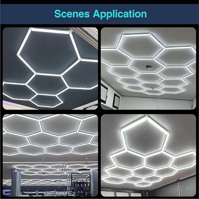 Hexagon LED Lights Garage Light,13 Honeycomb 54packs Tubes 6500K 432W，Hex Garage Ceiling LED Light for Gym Basement Warehouse Auto Beauty Shop Car Detailing Hair Salon Workshop Lighting
