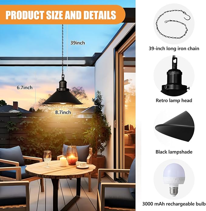 2 Pack Black Portable Battery Operated Hanging Lights, Rechargeable Wireless Outdoor Pendant Light with Remote, Battery Powered Chandelier Lantern Fixture for Indoor Outdoor Gazebo Porch Patio