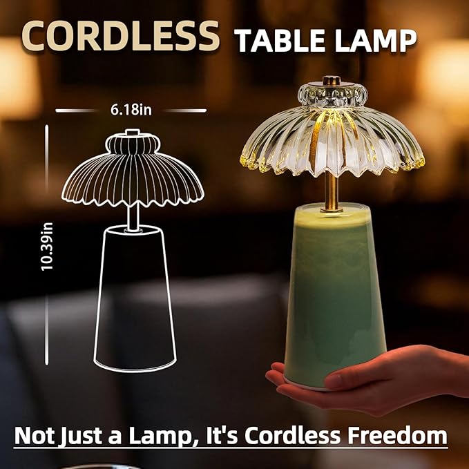 MJ PREMIER Cordless Lamp, Battery Operated Lamp with Timer, Crystal Glass Flower Lampshade, Small Table Lamps, Decorative Led Light for Bedroom Living Room Shelf (L-Green)