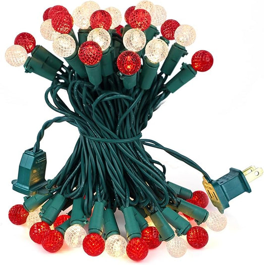 BOHON Christmas Lights Outdoor Faceted G15 50 LED 17ft Plug in Mini Globe String Lights Waterproof Extendable Green Wire for Indoor Patio Xmas Thanksgiving Tree Decoration Red and Warm White