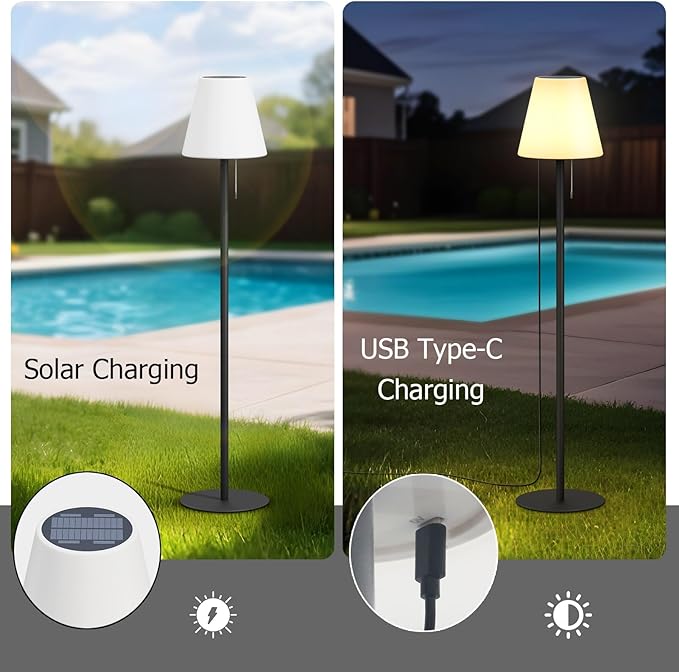 Solar Outdoor Floor Lamp USB Rechargeable Cordless Dimmable RGB Warm White LED Lights for Yard Garden Patio