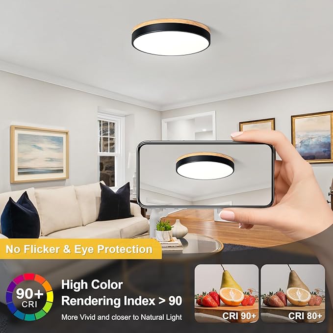 Dimmable Wood LED Ceiling Light, 5CCT 2700K-6000K Modern Black Flush Mount Ceiling Lamp, Minimalist Round Close to Ceiling Lighting Fixture for Living Room, Bedroom, Kitchen, 15.74in