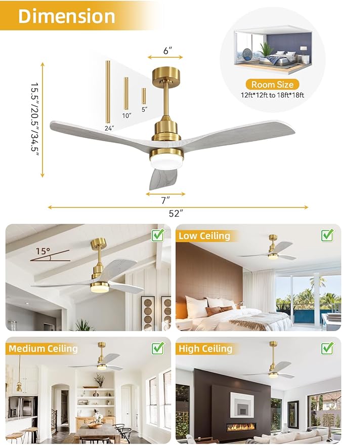 Sofucor 52 Inch Ceiling Fan with Lights and Remote Control-Modern Solid Wood Blade Ceiling Fan for Bedroom Living Room Indoor Outdoor Farmhouse Patio, Quiet DC Motor, Grey Gold