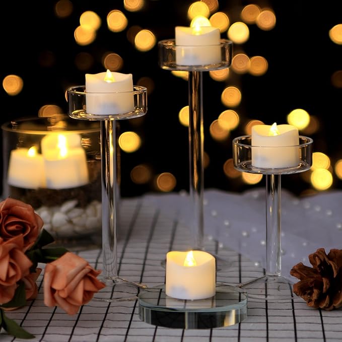 IMAGE Battery Tea Lights with Timer,Flickering Candles 12PCS 6hrs on and 18hrs Off in 24 Hours Cycle Automatically Timing LED Candles Lights with 100 PCS Decorative Fake Rose Petals-Warm White