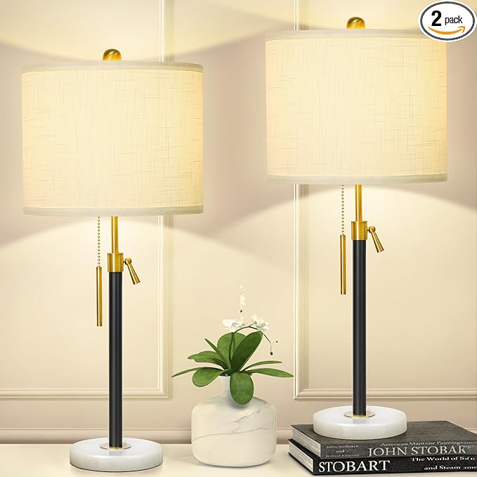 Black and Gold Table Lamps Set of 2: 22" to 30" Height Adjustable Nightstand Lamps with White Linen Shade | Pull Chain Switch | Marble Base - 3 Way Dimmable Beside Lamp for Bedrooms Living Room