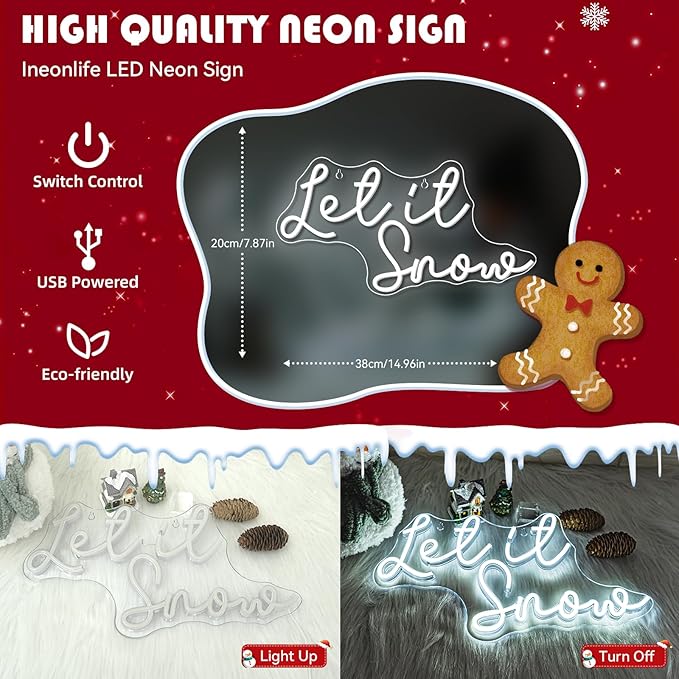 ineonlife Christmas Neon Sign Let It Snow Neon Signs for Wall Decor Led Lights for Bar Celebrate Party Room Shop Winter Window Bedroom Decoration Christmas Gifts