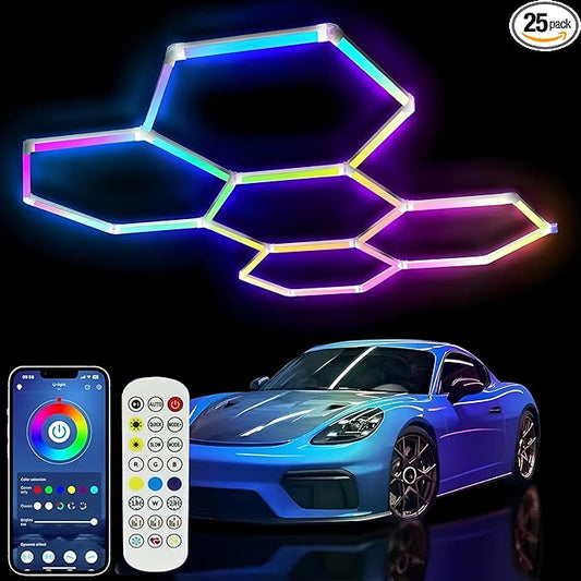 25Pack RGB Hexagon led Garage Lights,RGB 5Hexagon Light with Multi Color,Dimmable&Speed Adjustable RGB Hex Wall Lights,DIY Design for Remote Control & Smart App Control Music Modes