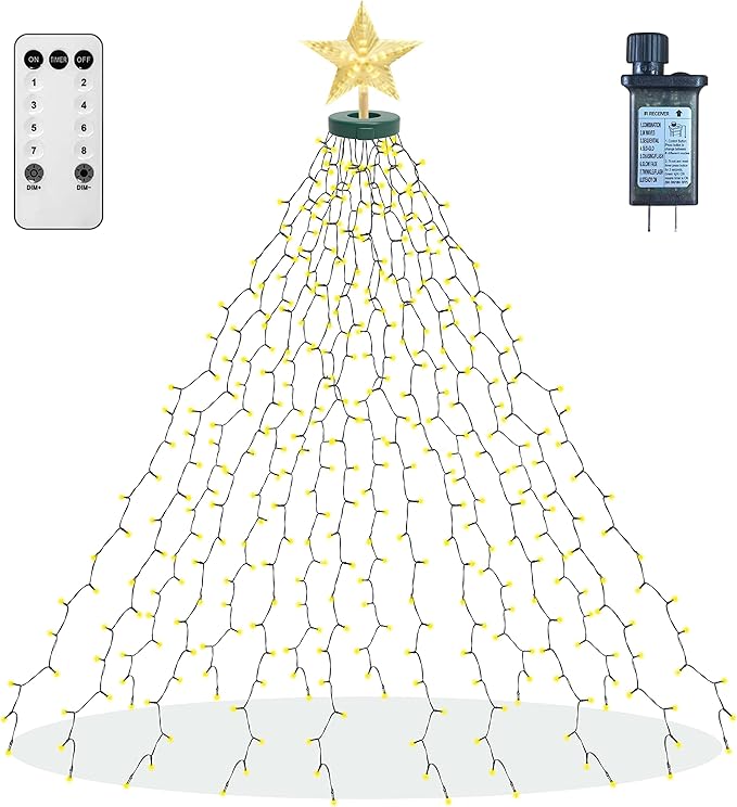 Aneeway Tree Lights with Star Toppers, 410 LED Christmas Lights, 8 Modes & Memory Function, 6.6FT x 16 String Lights, Remote Control & Timing for Ornaments - Warm White
