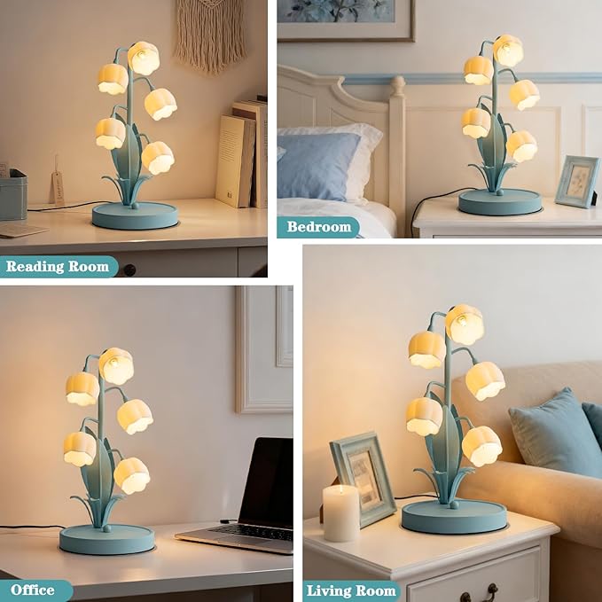 Flower Table Lamp, Lily of The Valley Lamp for Bedside Accent 3 Color Modes Cottagecore Soft Reading Night Light for Bedroom, Corner, Dorm, Entrance Home Vintage Decor (Powder Blue)