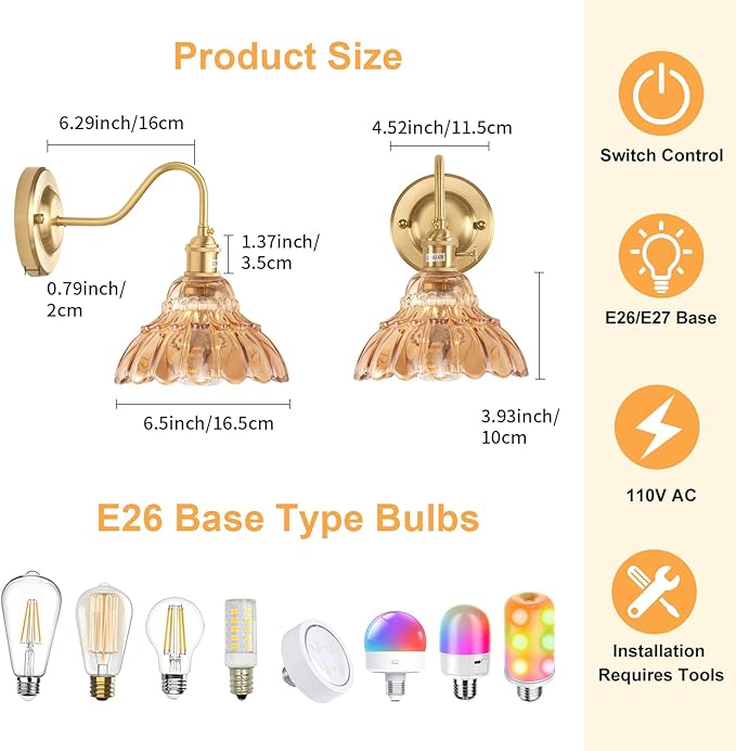 Battery Operated Wall Sconce Set of 2, Vintage Rechargeable Wall Lights with Amber Lily Glass Shade, Wireless Indoor Wall Lamp with Remote for Bedroom Living Room Bathroom