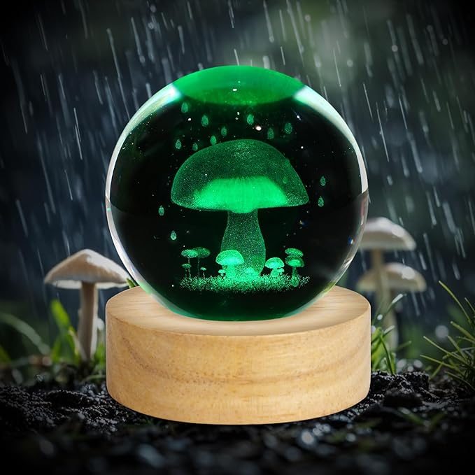 3D Mushroom Crystal Ball Night Light 2.4in Mushroom Figurines Decor Table Lamp with 16 Colors Change Mushroom Stuff for Room Birthday Christmas Mushroom Gifts for Women Friends Kids