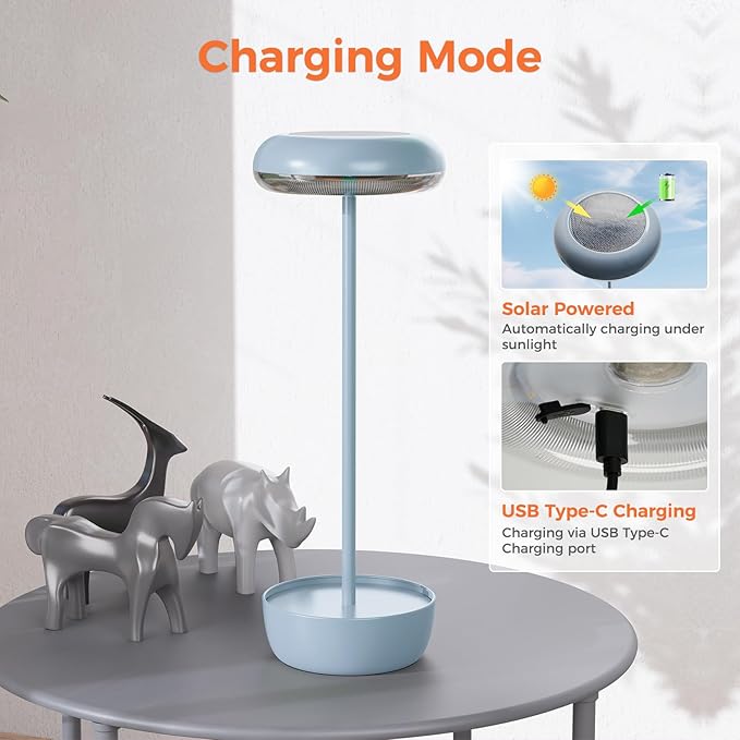 Solar Yard Outdoor Table Lamp, Cordless USB Solar Table Lamp for Patio Water Resistant, 3 Lighting Modes Solar Desk Lamp for Garden Outside Patio Bedroom Living Room, Blue