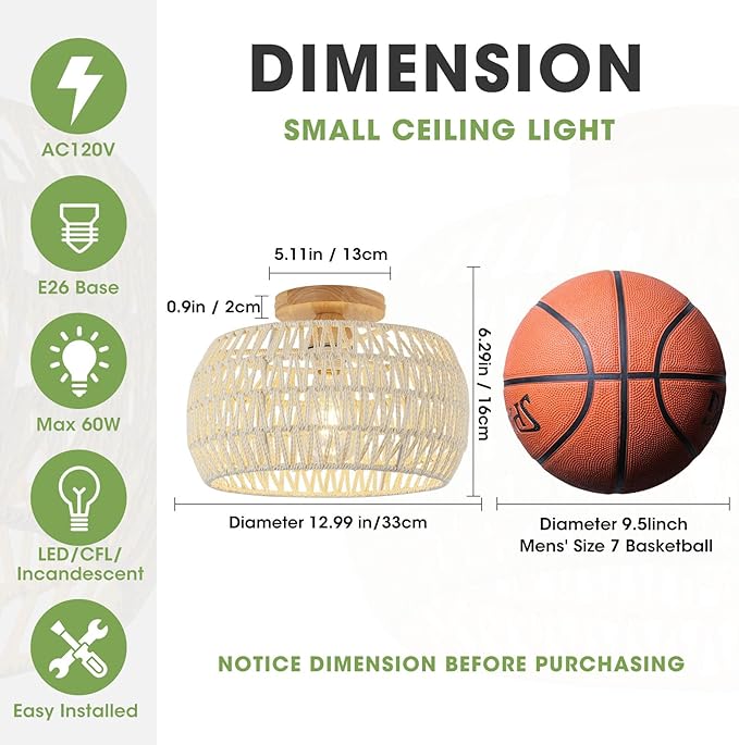 Boho Light Fixtures Ceiling ,Cream White Rattan Chandelier Ceiling Light,Small Rattan Flush Mount Ceiling Light Hand-Woven Chandelier for Nursery Light Fixture Kitchen Farmhouse Bedroom Chandeliers