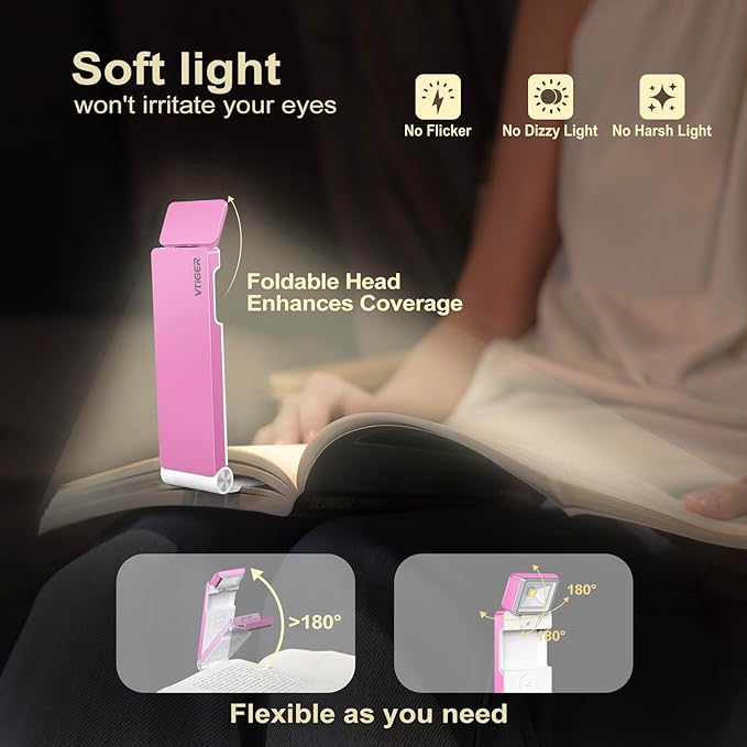 VTIGER Reading Light, USB Rechargeable Book Light for Reading in Bed,Foldable Clip-on LED Booklight, 3 Amber Colors & 4 Brightness Dimmable,Long Lasting Portable Bookmark Lamp for Book Lovers, Kids