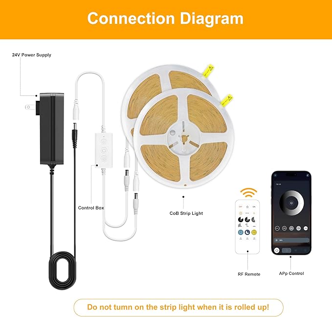 COB LED Strip Lights Warm White,24V Dimmable led Light Strip KIT with Remote and app Control,3000K 65FT/20m 8mm Wide Ra>90 Cuttable Flexible Strip Lights for Bedroom,Shelf,Cabinet