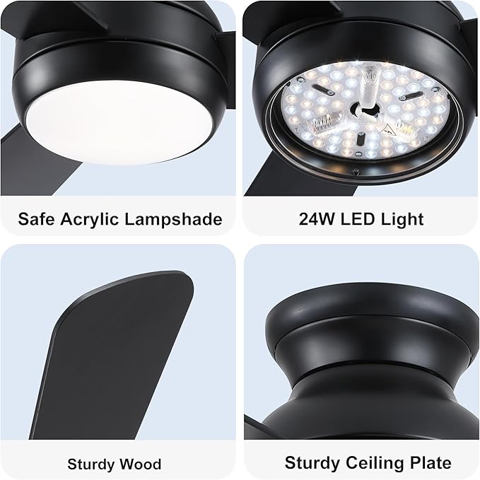 42 Inch Ceiling Fans with Lights and Remote, Black Low Profile Ceiling Fan with Light, Flush Mount, Reversible, 6 Speeds, 3CCT Dimmable, Bedroom Indoor/Outdoor Patios Use