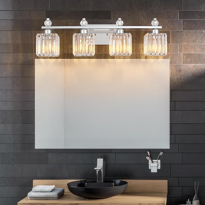 Vanity Lights 4-Light Modern Crystal Vanity Light Chrome Bathroom Light Fixtures Over Mirror Crystal Bathroom Vanity Lighting Fixtures