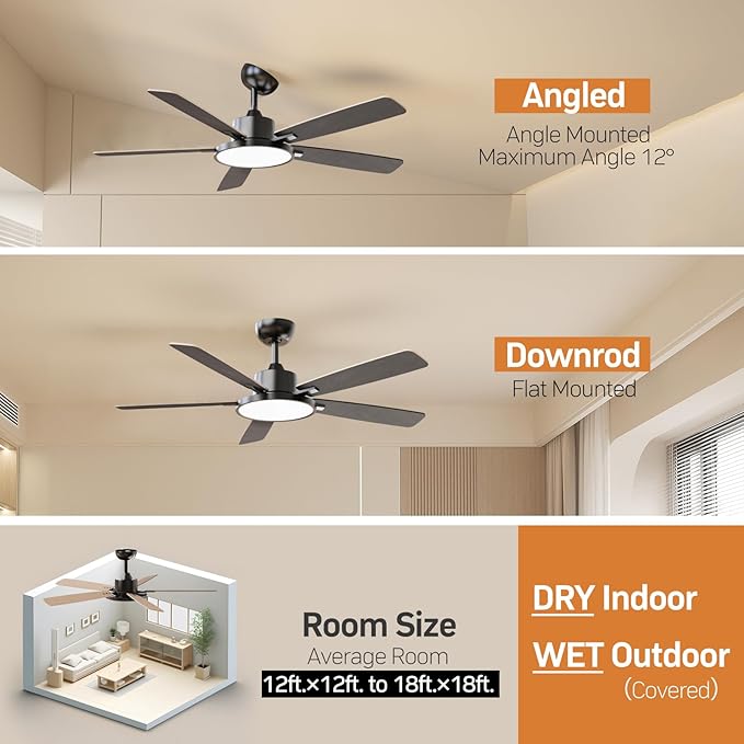 TALOYA 52 Inch Black Walnut Ceiling Fans with Lights Led Remote Control Flush Mount Low Profile for Bedroom Living Dining Room Outdoor Farmhouse,Reversible,DC Motor,Diammable,Buzzer ON/Off,5 Blades