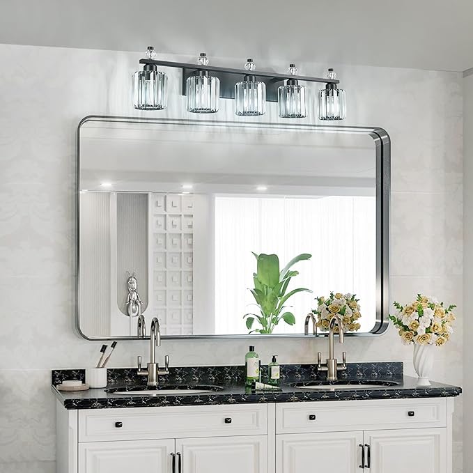 Bathroom Vanity Lights 5-Light Sand Black Modern Crystal Vanity Light Fixtures Over Mirror Crystal Bathroom Vanity Lighting Fixtures