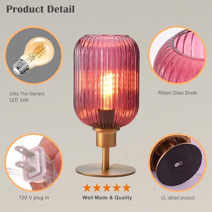 Mid Century Glass Table Lamp,Dimmable Desk Lamp,LED Bulb Included,Timer Build-in,Purple Ribbed Glass