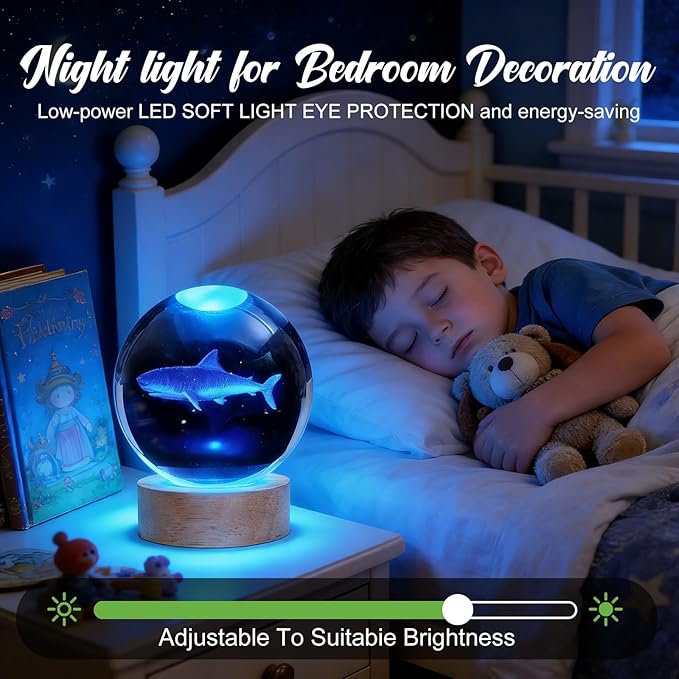 Shark Night Light, 3D Crystal Ball Lamp with 16 LED Color Changing & Remote, 3.15 Inch Unique Desk Decor, Gift for Women Men Kids, Birthday Christmas Home Room Decoration, Shark Lamp