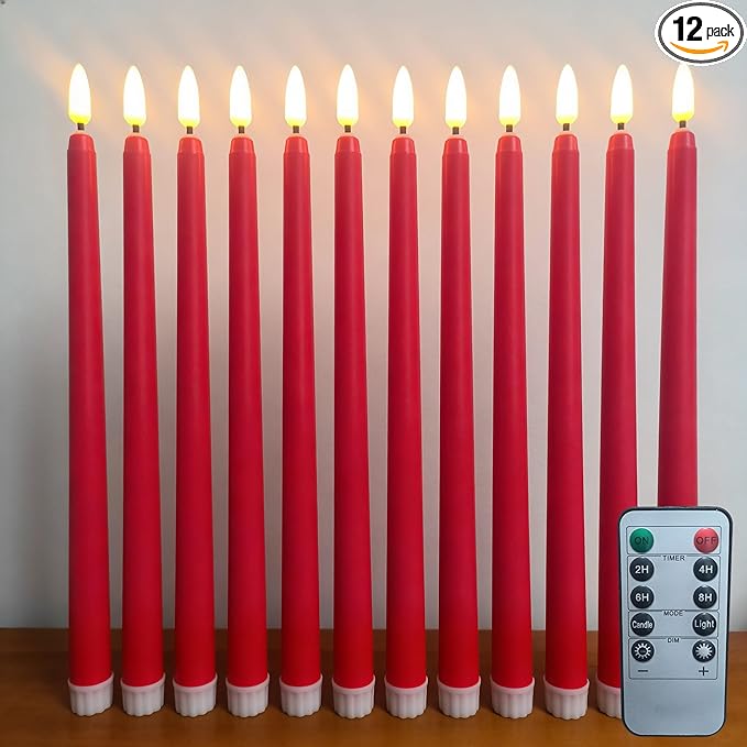 Red Flameless Taper Candles with Remote, Flickering LED Candlesticks Battery Powered Valentines Day Decor Set of 12