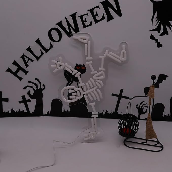 Dancing Skeleton Neon Sign for Halloween decorations - LED Skull Neon Light Up Sign for Wall Decor, Perfect for Man Cave Halloween Party Decor