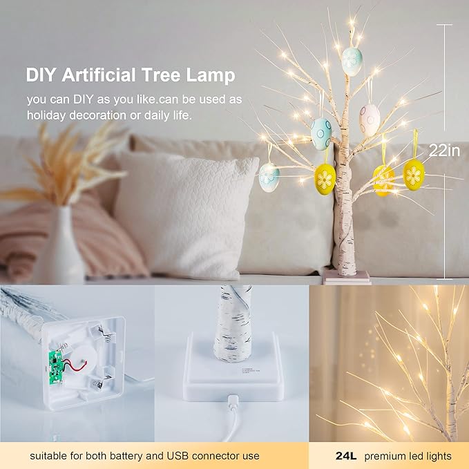 Woohaha Birch Tree Easter Decorations Indoor for Home,2ft 24LED Warm White Light Up Birch Tree，Battery&USB Tabletop Timer Artificial Mini Christmas Tree with Lights for Holiday Party Wedding