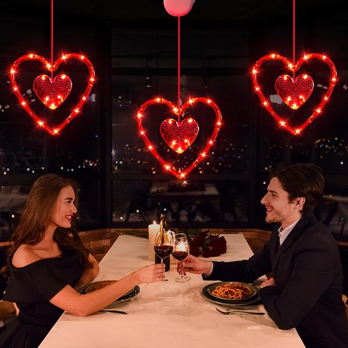 3 Pack Valentines Day Window Lights Decorations with Timer, Battery Powered Hanging Red Lighted Heart Shaped Silhouette Sucker LED Lamp for Fireplace Indoor Home Decor